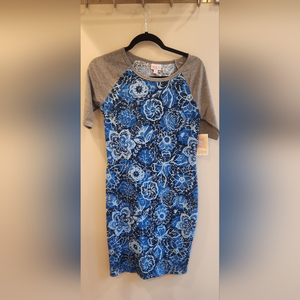 LULAROE SIZE XS NWT  Julia Raglan Womens Gray & Blue Floral Pencil Dress